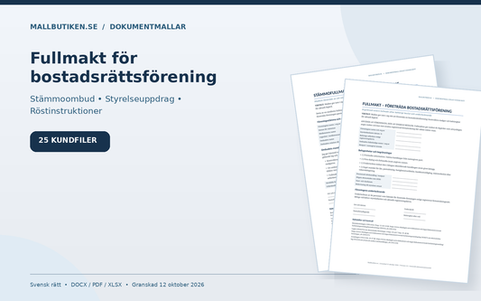 Fullmakt bostadsrättsförening med stämmofullmakt, styrelseuppdrag, Word, PDF och Excel