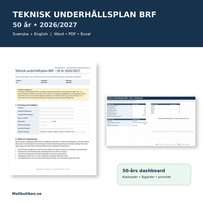 Teknisk underhållsplan BRF 50 år 2026 2027 Word PDF Excel
