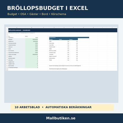 Bröllopsbudget i Excel med 10 blad budget gäster OSA bordsplacering och körschema