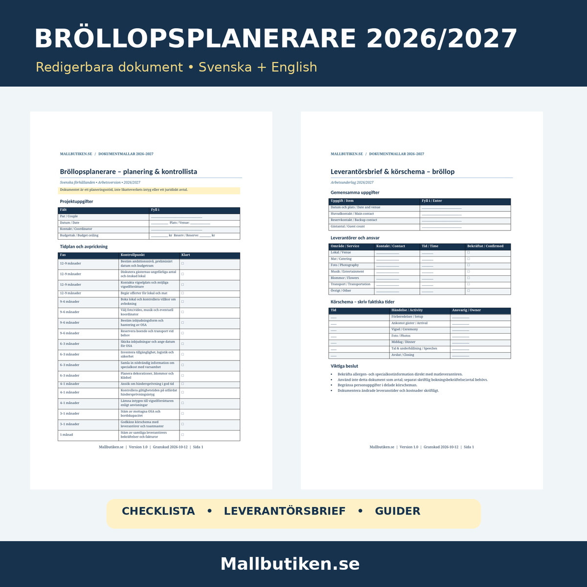 Bröllopschecklista och leverantörsbrief 2026/2027 – redigerbar Word och PDF