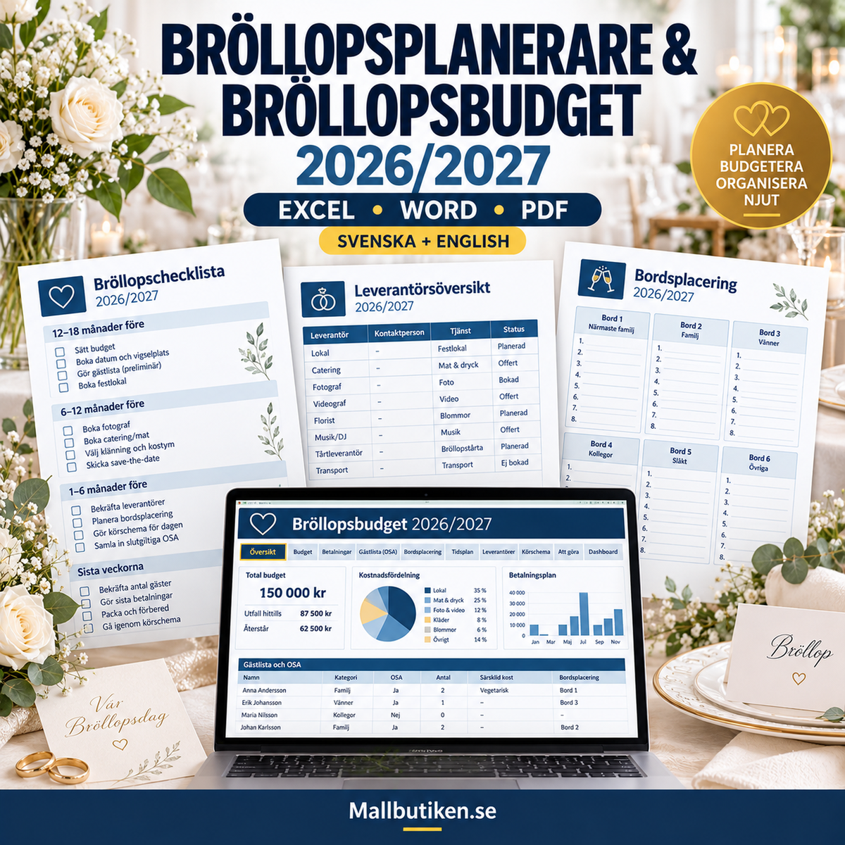Bröllopsplanerare och bröllopsbudget 2026/2027 – Word PDF Excel svenska och engelska