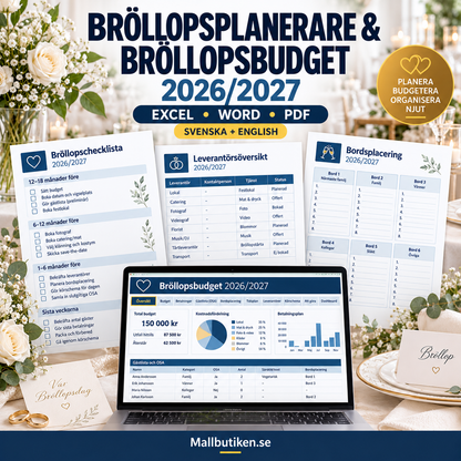 Bröllopsplanerare och bröllopsbudget 2026/2027 – Word PDF Excel svenska och engelska