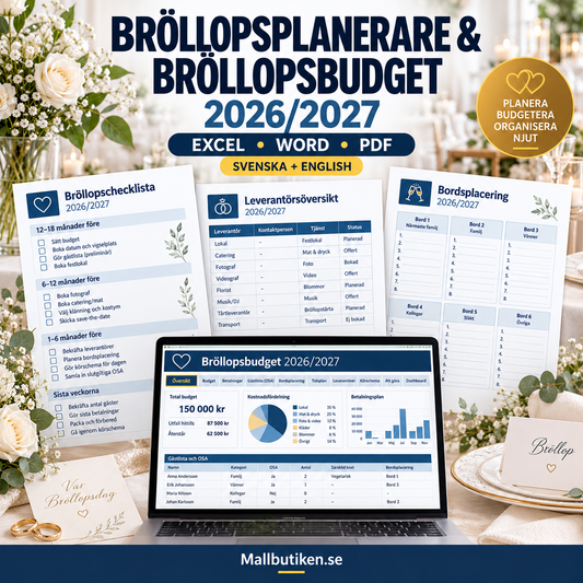 Bröllopsplanerare och bröllopsbudget 2026/2027 – Word PDF Excel svenska och engelska