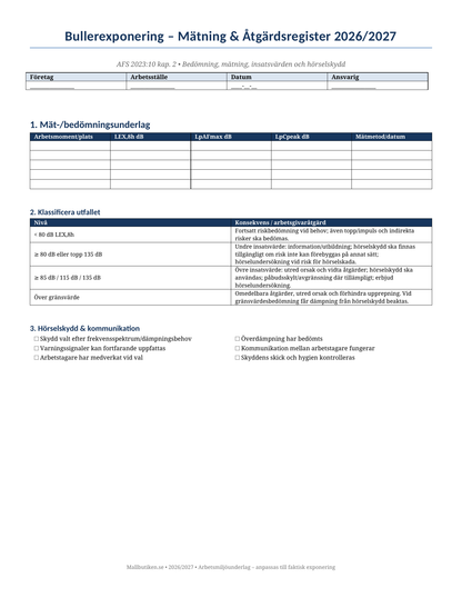 Bullerexponering mätning åtgärdsregister 2026/2027 hörselskydd hörselundersökning