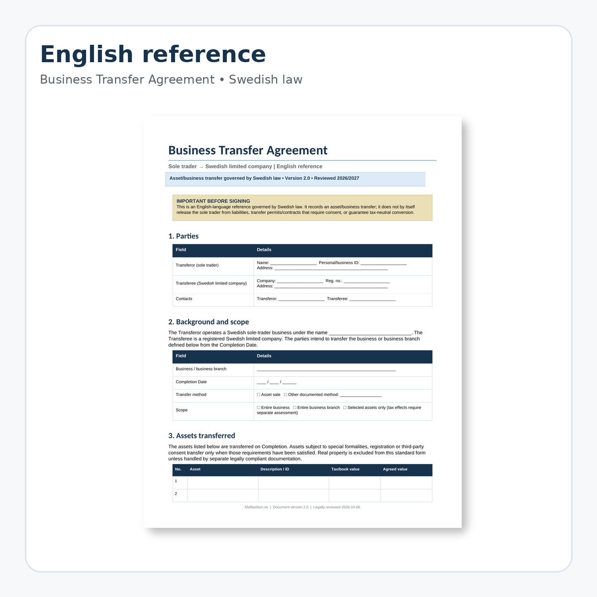 English reference preview of business transfer agreement from sole trader to Swedish limited company