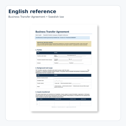 English reference preview of business transfer agreement from sole trader to Swedish limited company