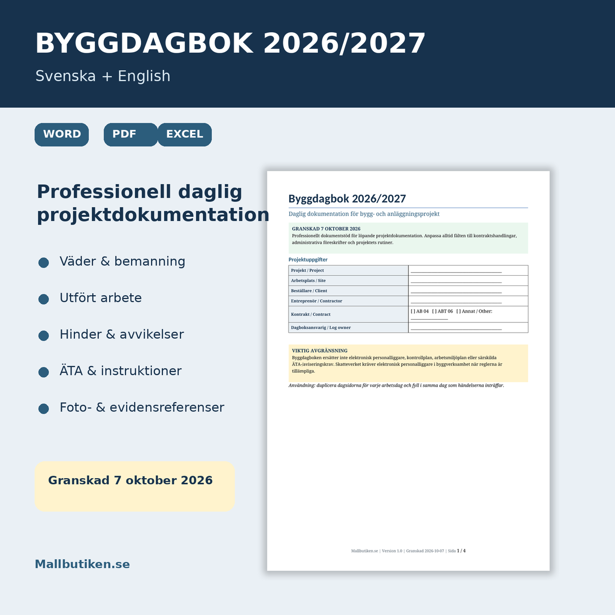 Byggdagbok 2026/2027 mall i Word PDF och Excel på svenska och engelska