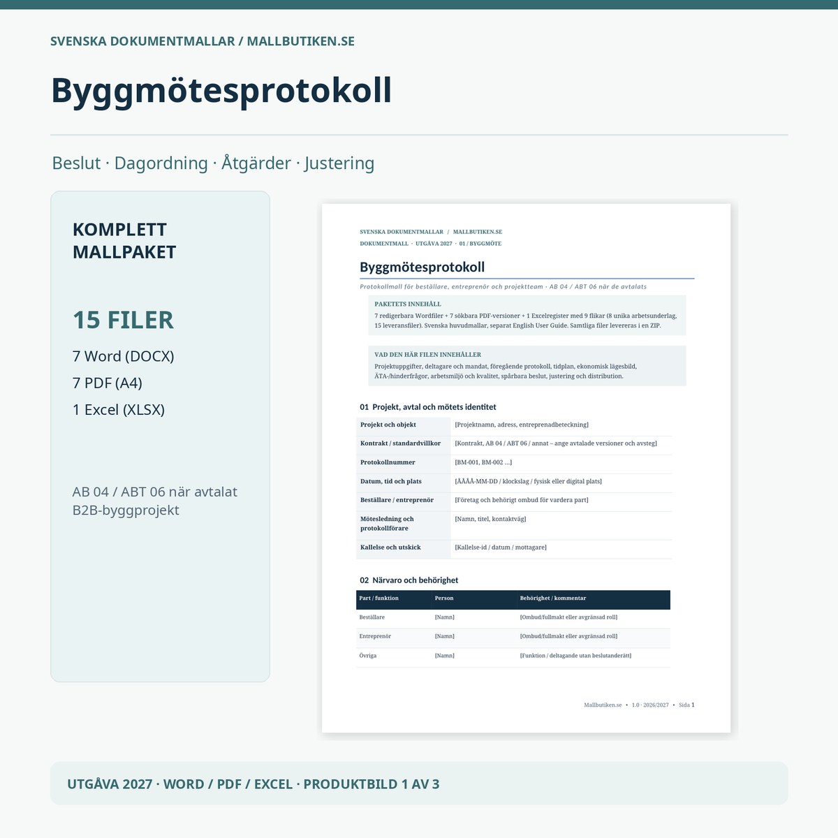 Byggmötesprotokoll 2026/2027 Word PDF Excel huvudmall