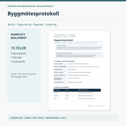Byggmötesprotokoll 2026/2027 Word PDF Excel huvudmall