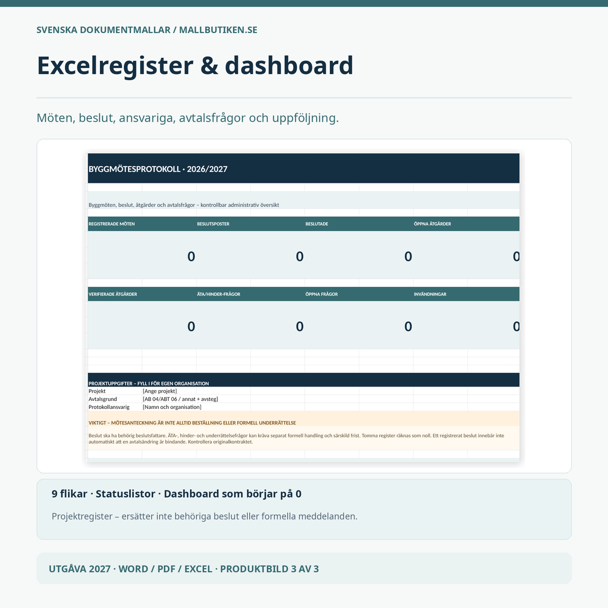 Excel dashboard beslutslogg och åtgärdsregister byggmöten