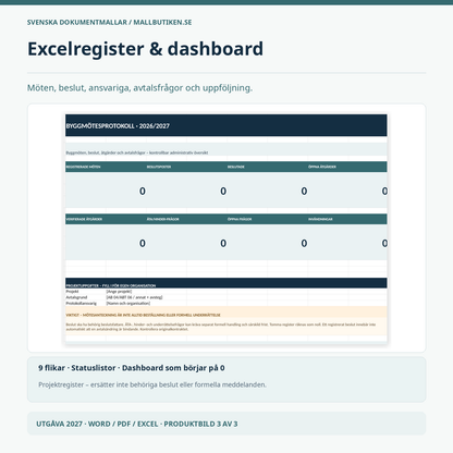 Excel dashboard beslutslogg och åtgärdsregister byggmöten
