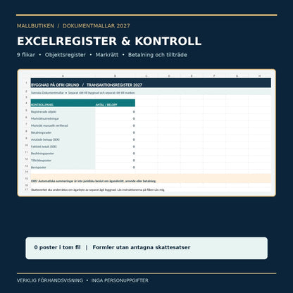 Faktisk Excelöversikt byggnad på annans mark med objektregister, markrätt och betalningsavstämning