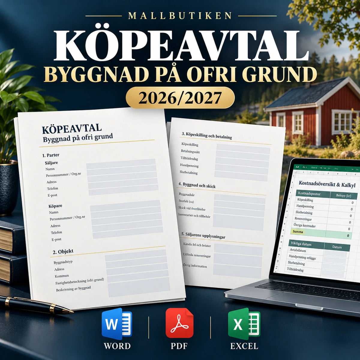 Köpeavtal byggnad på ofri grund 2027 – Word PDF Excel och dokumentmallar för fritidshus på arrendetomt