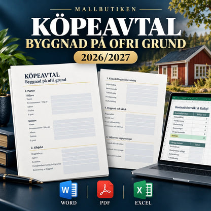 Köpeavtal byggnad på ofri grund 2027 – Word PDF Excel och dokumentmallar för fritidshus på arrendetomt
