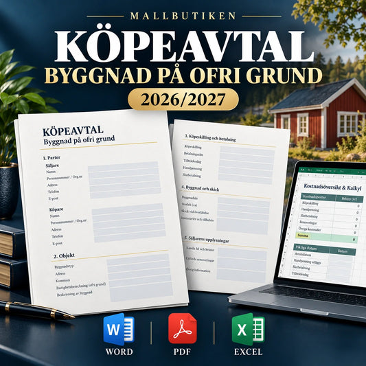 Köpeavtal byggnad på ofri grund 2027 – Word PDF Excel och dokumentmallar för fritidshus på arrendetomt