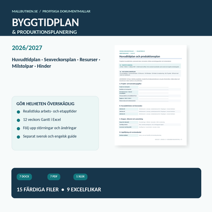 Byggtidplan 2026 2027 Word PDF Excel huvudtidplan produktionsplanering