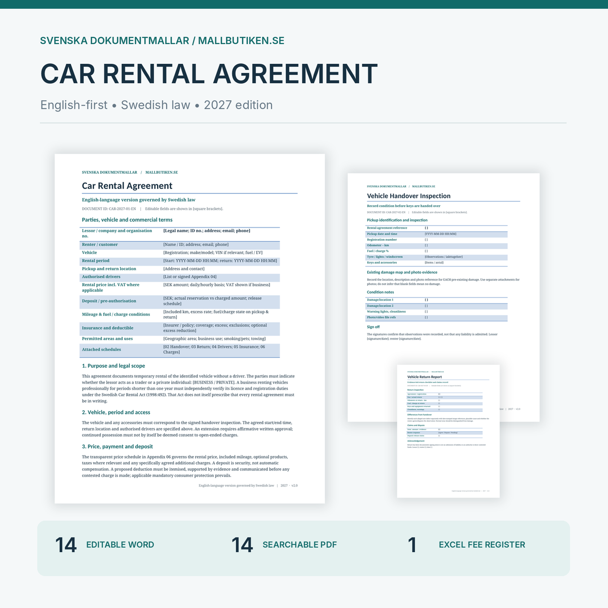 Car rental agreement Sweden 2027 with English Word, PDF and planned Excel guide package