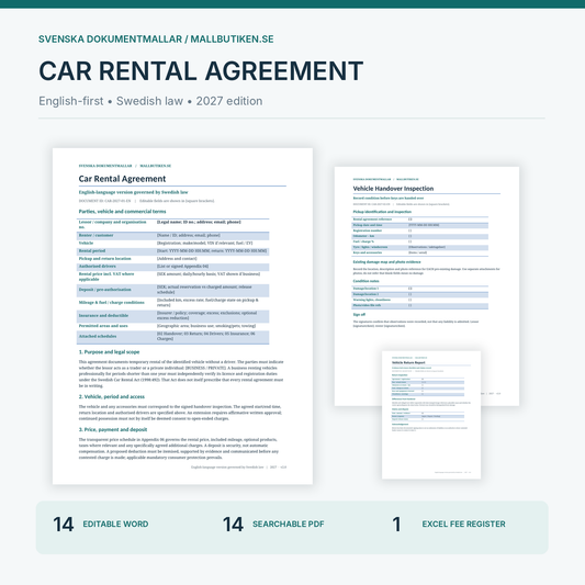 Car rental agreement Sweden 2027 with English Word, PDF and planned Excel guide package