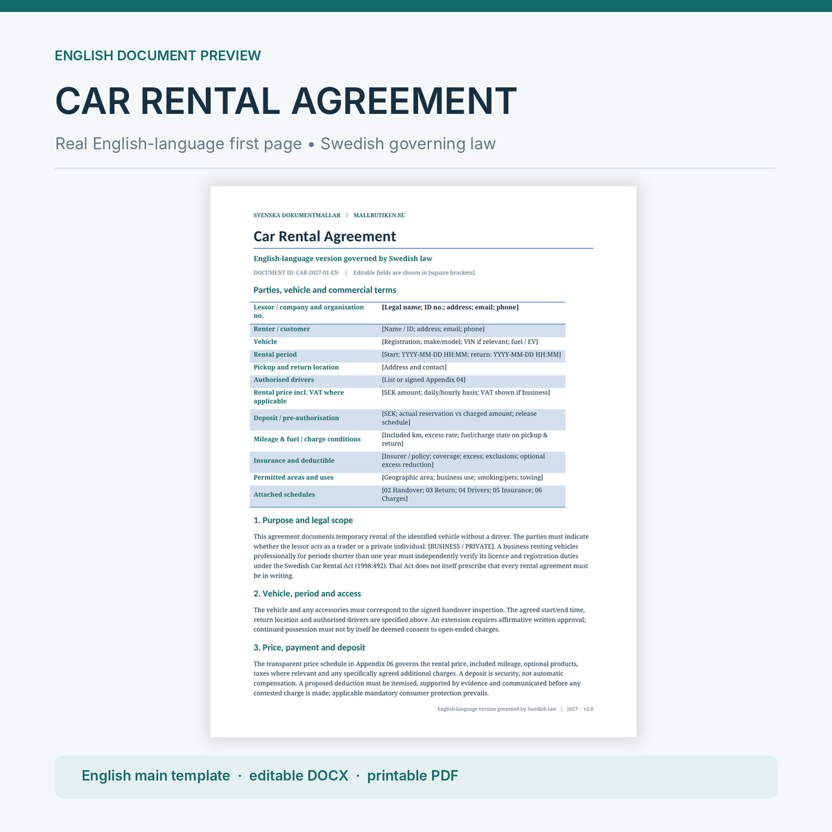 English car rental agreement Swedish law actual Word PDF first page preview
