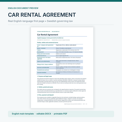 English car rental agreement Swedish law actual Word PDF first page preview