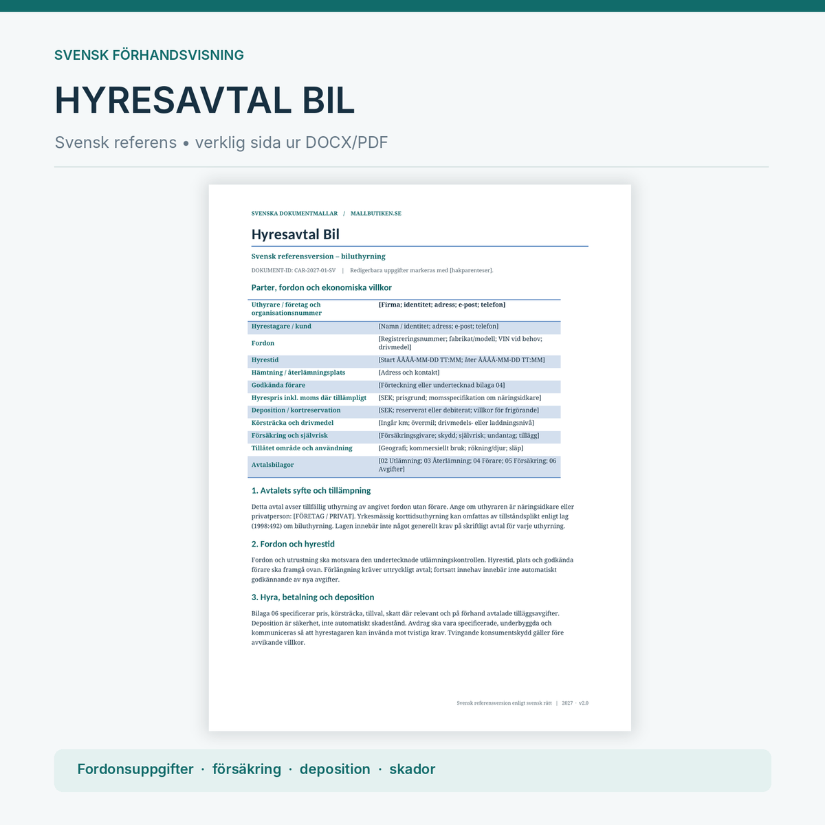 Swedish reference car rental agreement Word PDF actual document preview