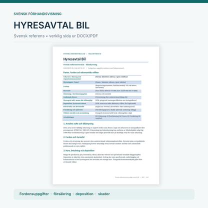 Swedish reference car rental agreement Word PDF actual document preview