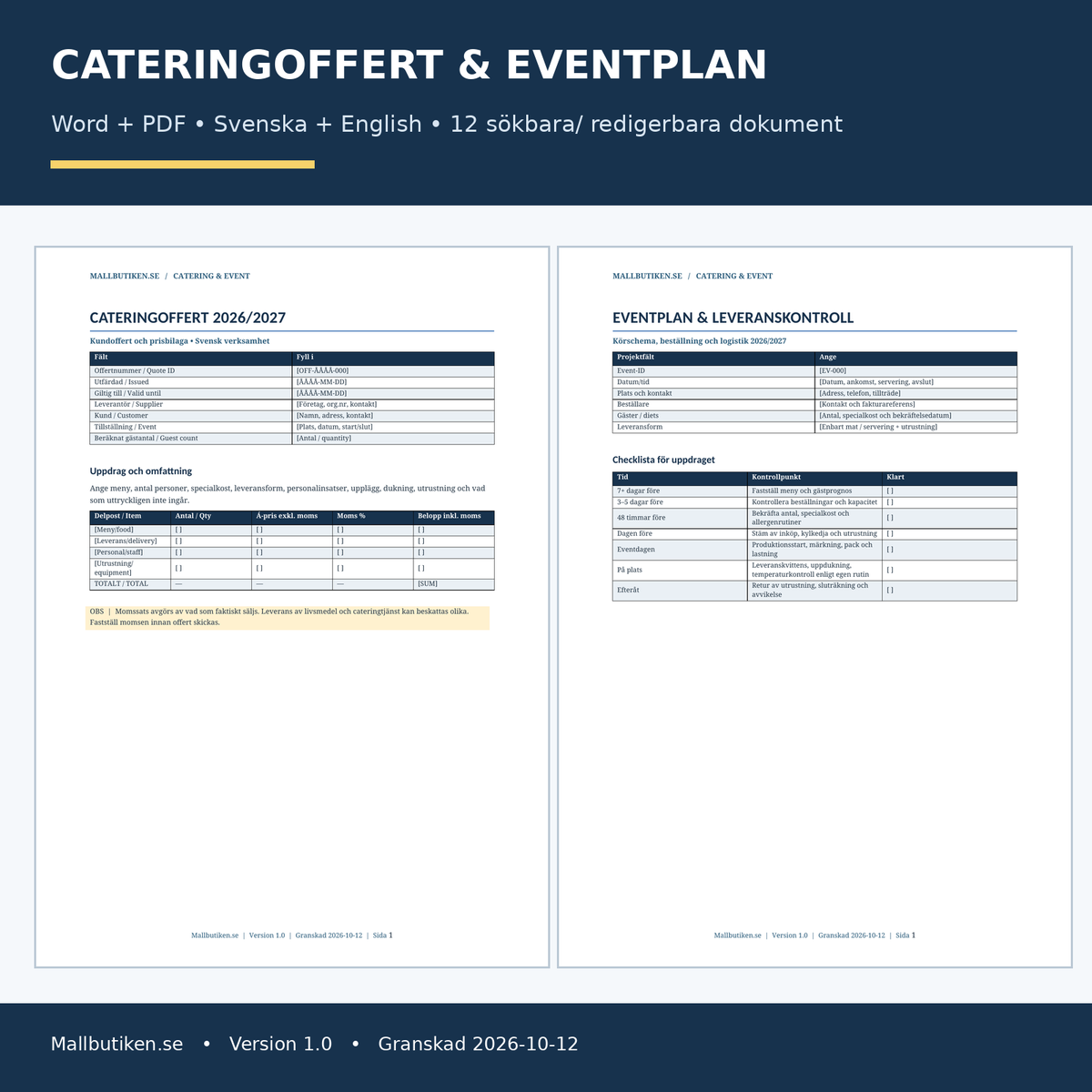 Cateringoffert Word PDF med eventplan leveranskontroll och användarguide