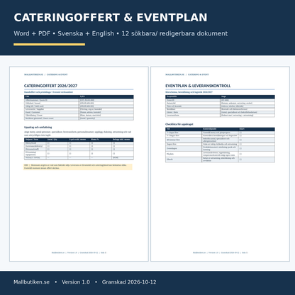 Cateringoffert Word PDF med eventplan leveranskontroll och användarguide