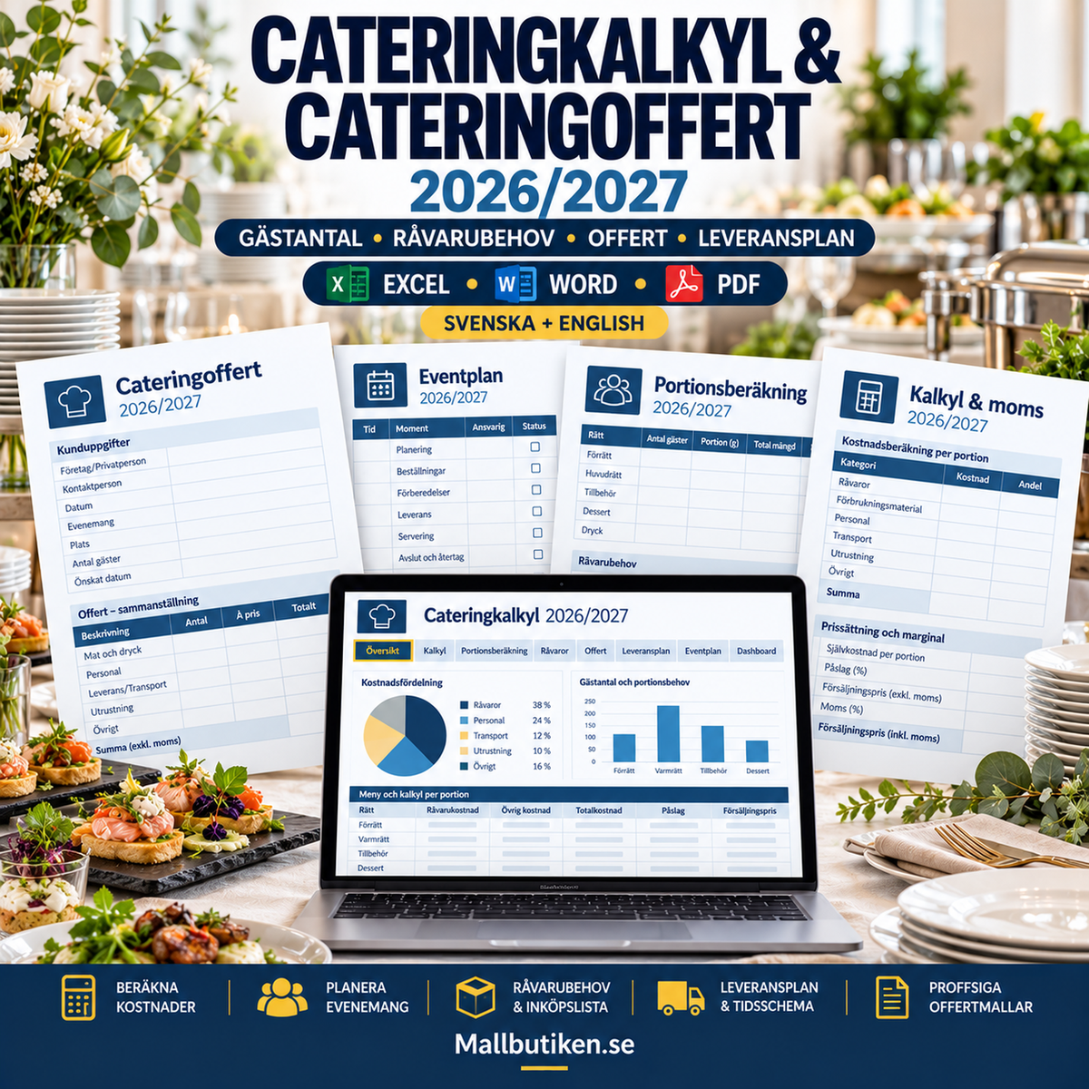 Cateringkalkyl & cateringoffert 2026/2027 – Excel Word PDF svenska engelska