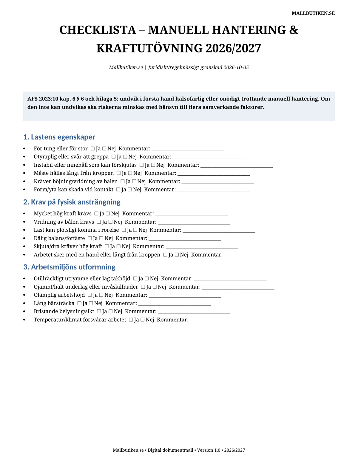 Checklista manuell hantering kraftutövning ergonomi 2026/2027