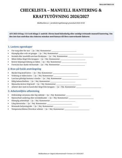 Checklista manuell hantering kraftutövning ergonomi 2026/2027