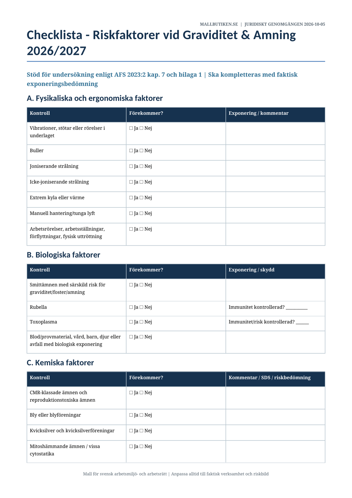 Checklista riskfaktorer graviditet amning arbetsmiljö 2026/2027