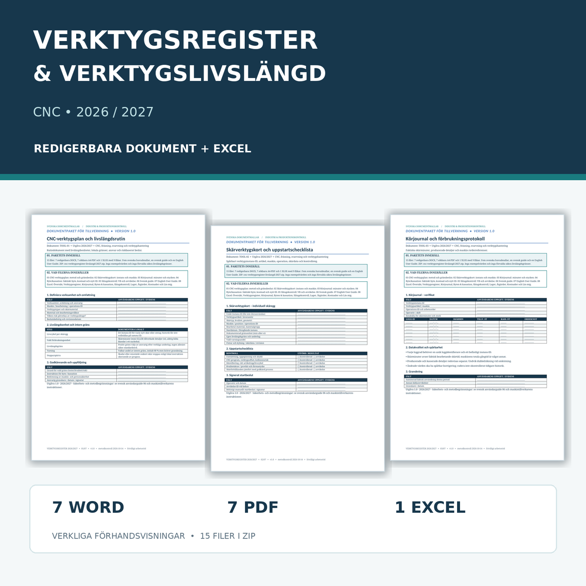 CNC verktygsregister verktygslivslängd 2027 med tre verkliga dokumentförhandsvisningar