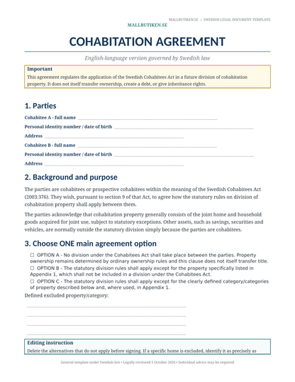 Preview of English Cohabitation Agreement template under Swedish law