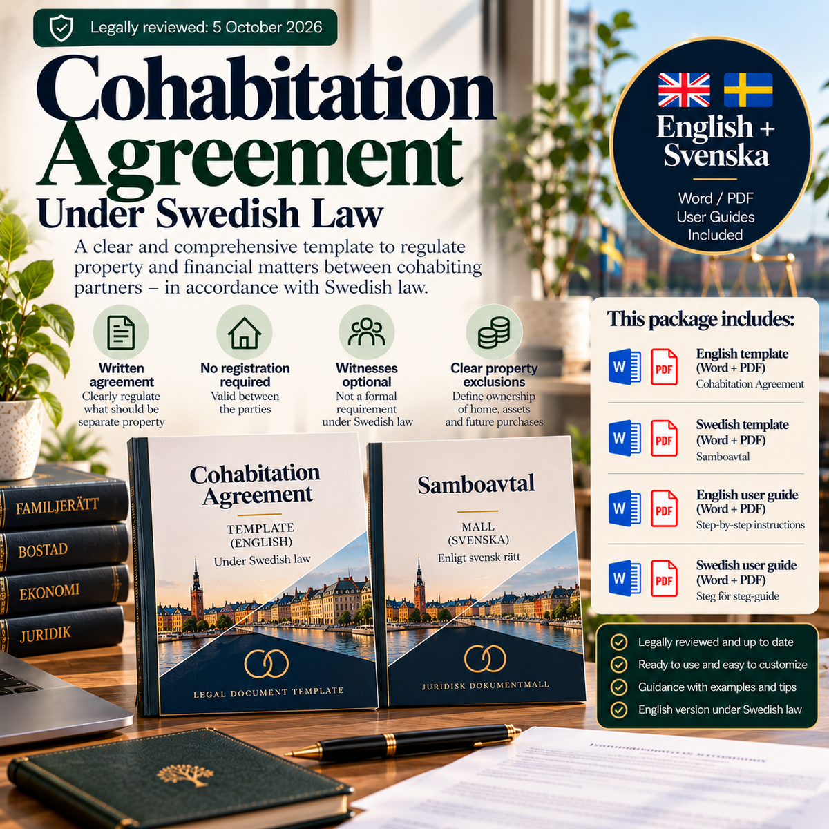 Cohabitation Agreement under Swedish law – English Word/PDF template with Swedish reference and user guides