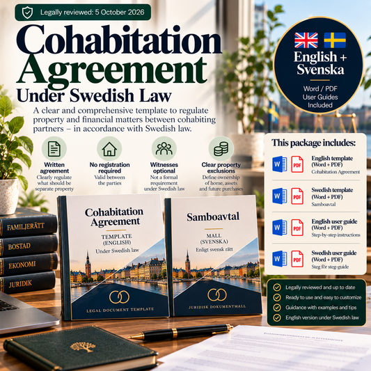 Cohabitation Agreement under Swedish law – English Word/PDF template with Swedish reference and user guides