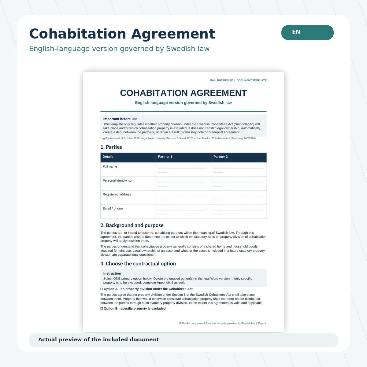 Preview of English-language cohabitation agreement governed by Swedish law