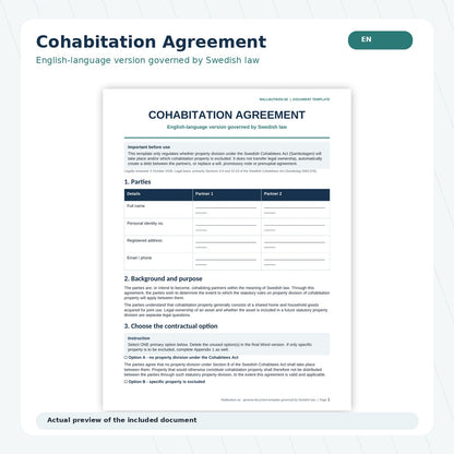 Preview of English-language cohabitation agreement governed by Swedish law