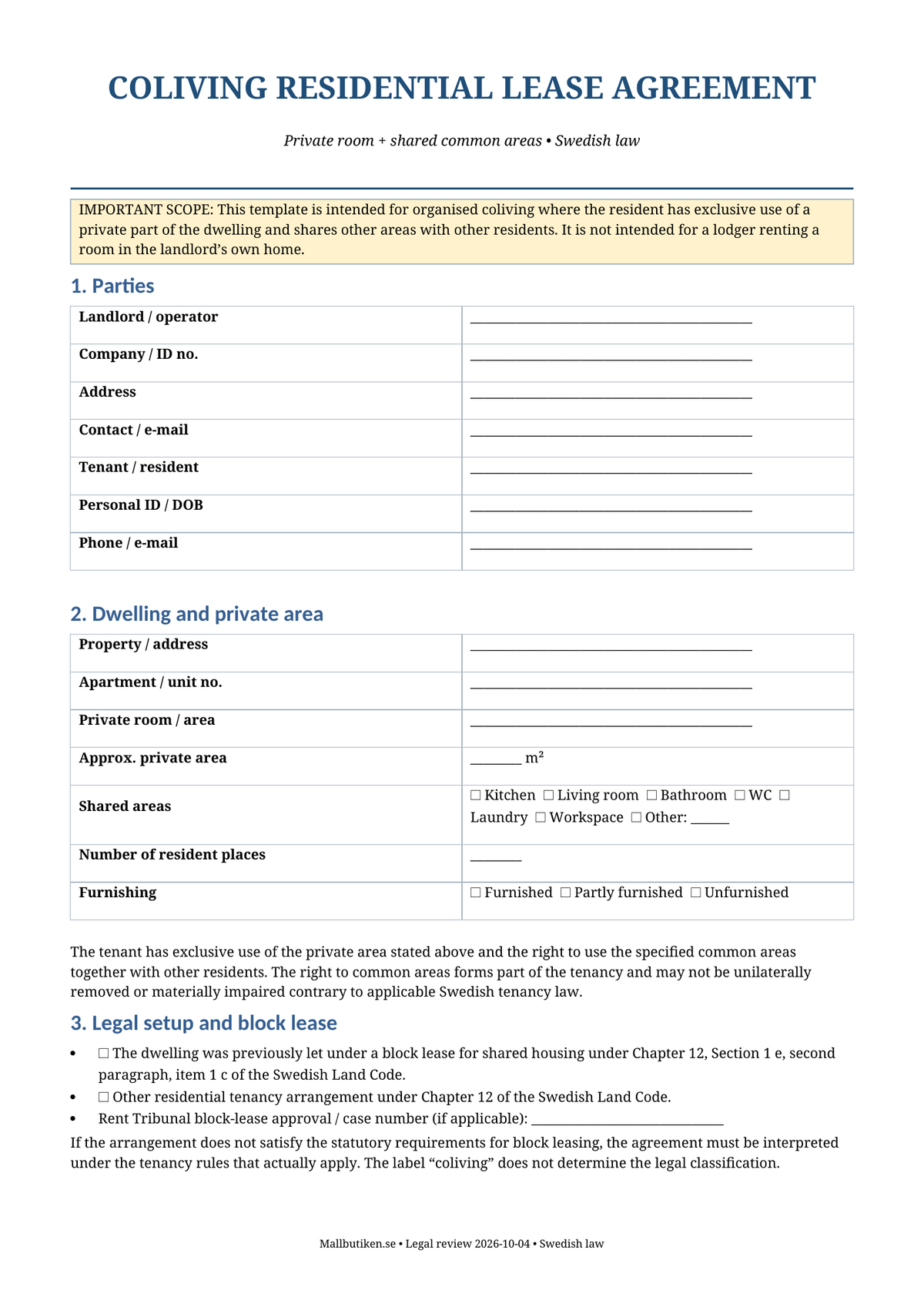 Coliving Residential Lease Agreement English template Swedish law Word PDF