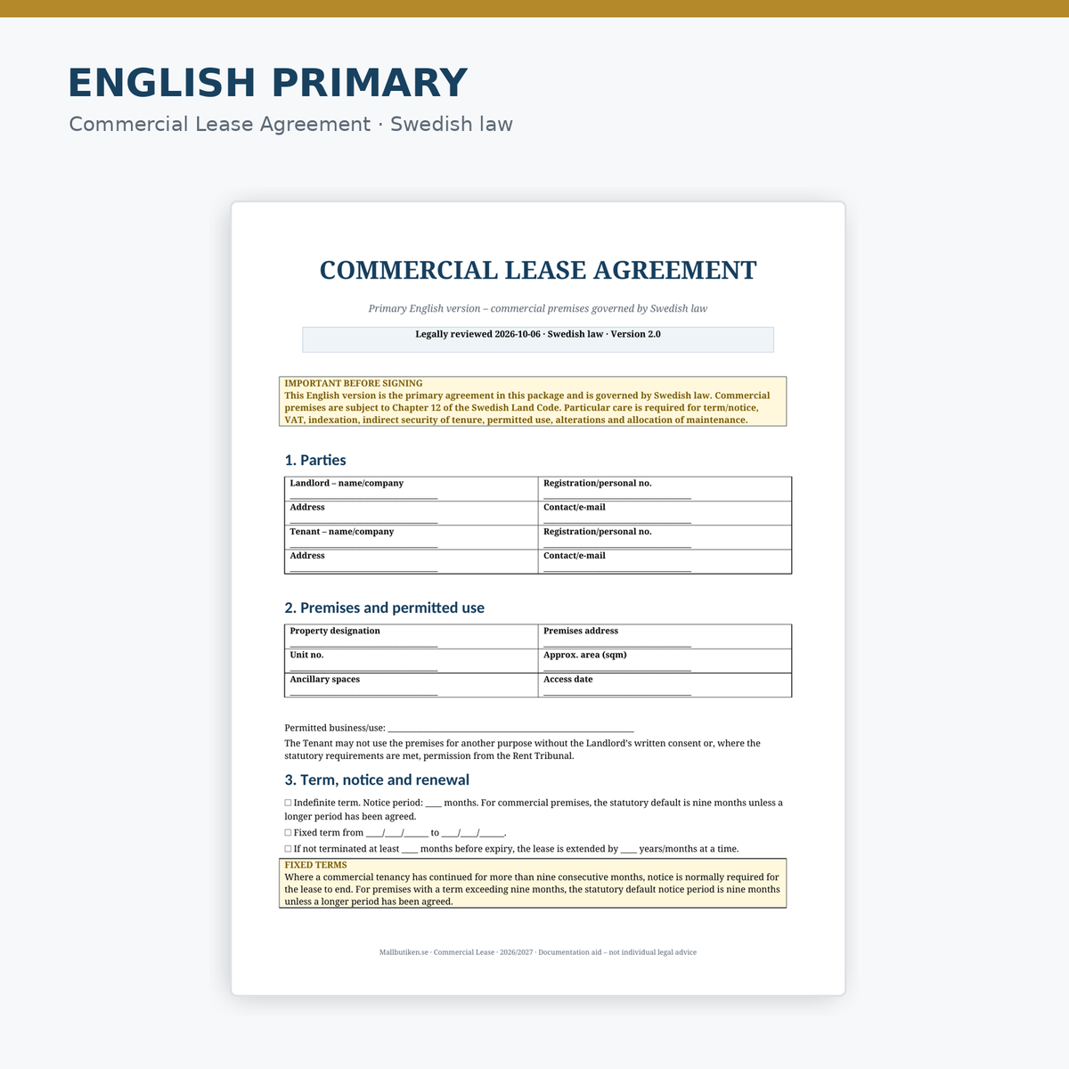 Preview of English commercial lease agreement governed by Swedish law 2026/2027