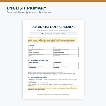 Preview of English commercial lease agreement governed by Swedish law 2026/2027