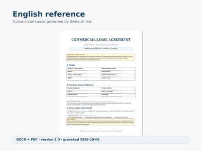 English reference preview of commercial lease agreement governed by Swedish law