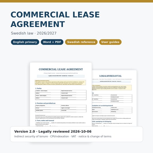 Commercial Lease Agreement under Swedish law – English Word/PDF template with Swedish reference and user guides
