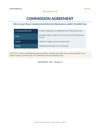 Cover of Commission Agreement 2026/2027 under Swedish law