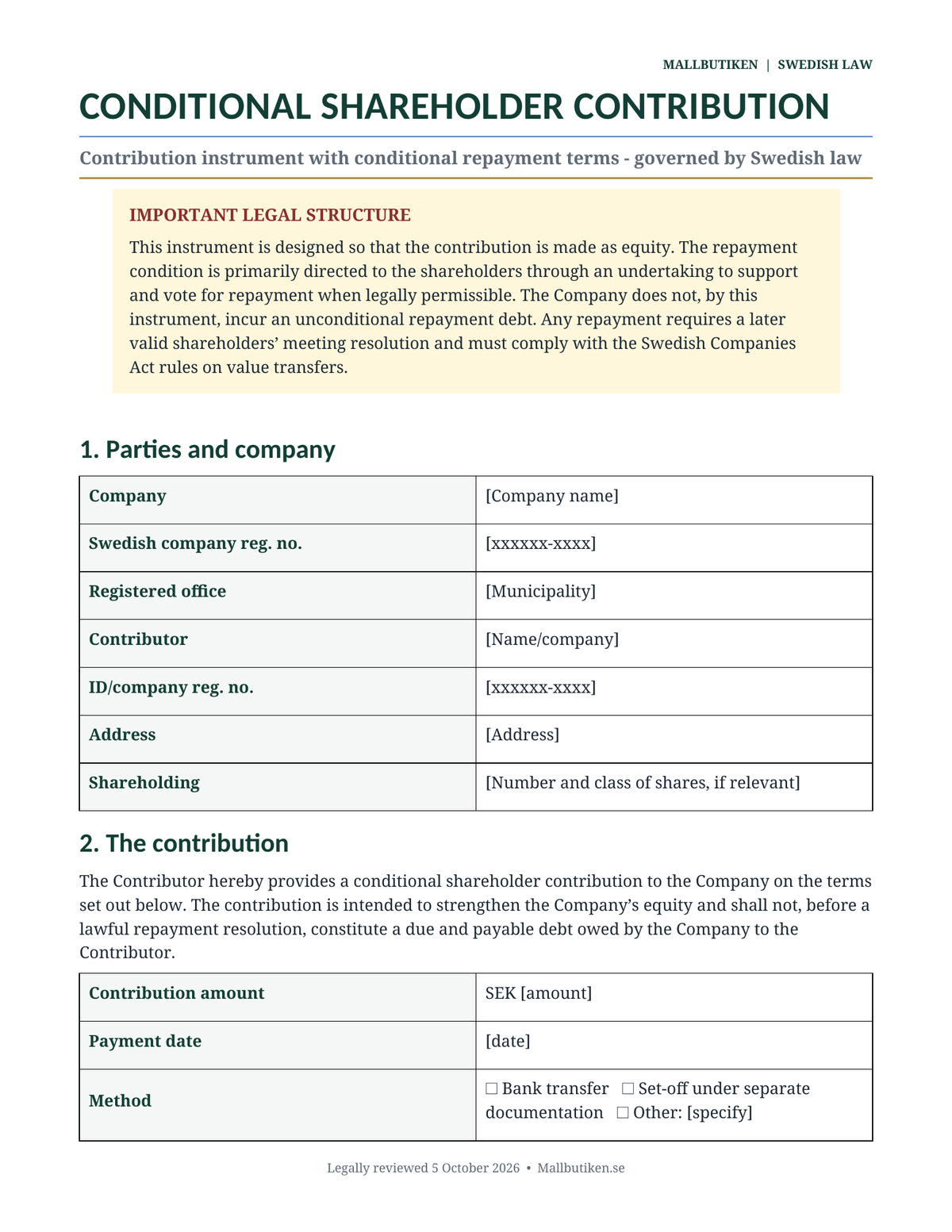 Preview of English conditional shareholder contribution template under Swedish law
