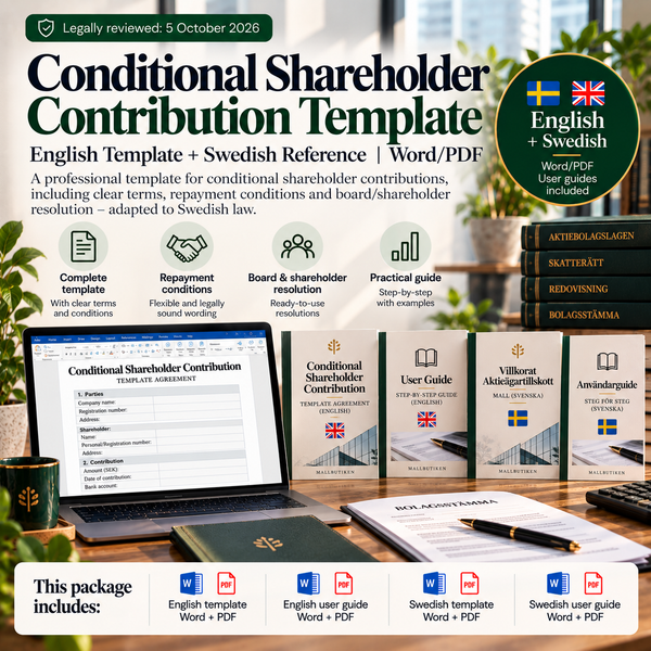 Conditional Shareholder Contribution under Swedish law – English-first Word/PDF template with Swedish reference and user guides