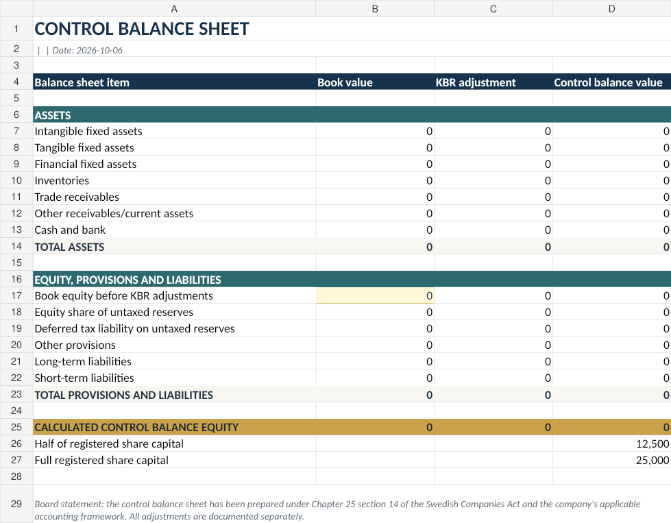 Preview of English control balance sheet Excel template under Swedish law