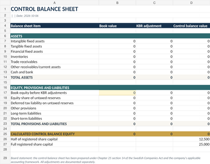 Preview of English control balance sheet Excel template under Swedish law