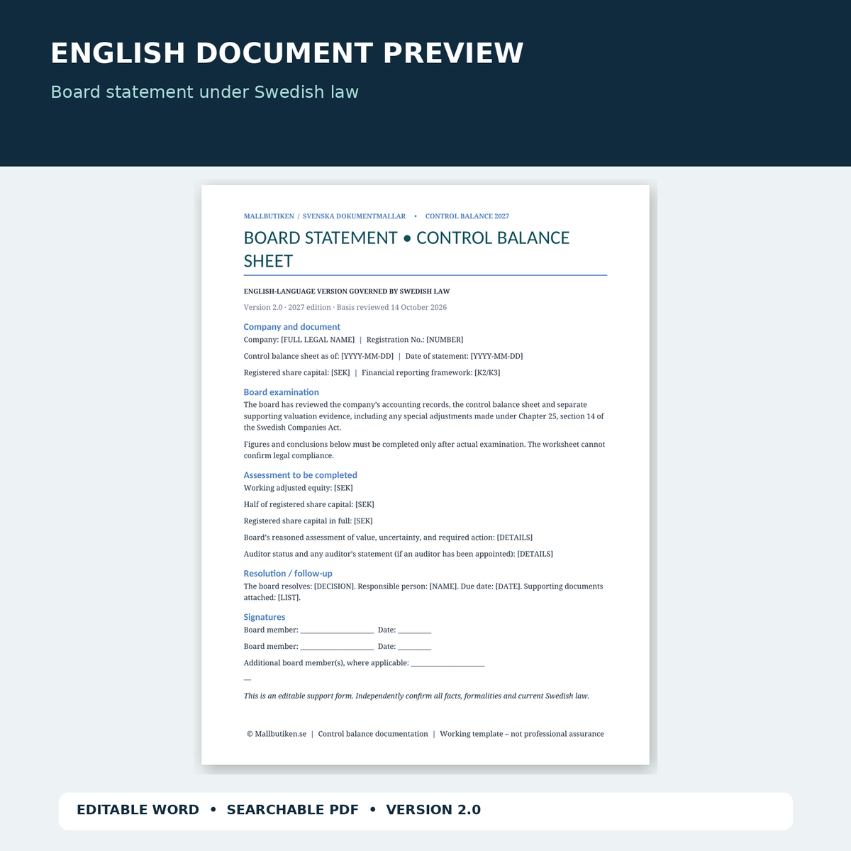 English control balance sheet Swedish law board statement 2027 preview