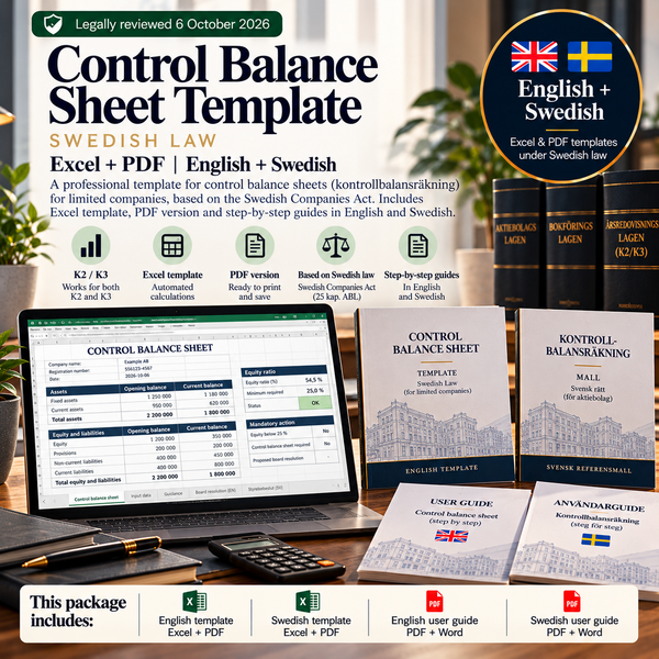 Control Balance Sheet Template under Swedish law – English Excel/PDF with Swedish reference and user guides